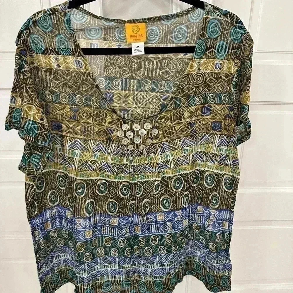 Ruby Road Women’s Blouse Shirt Top 2X Short Sleeve Bling Beads Abalone Cotton